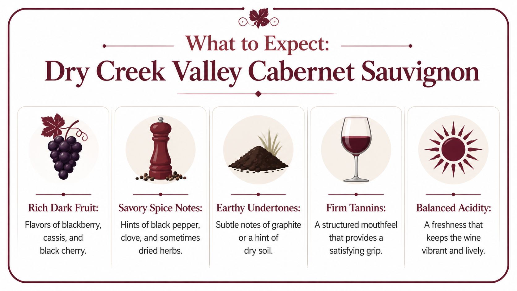 An infographic detailing flavor profiles of Dry Creek Valley Cabernet Sauvignon, including fruits, spices, and tannins.