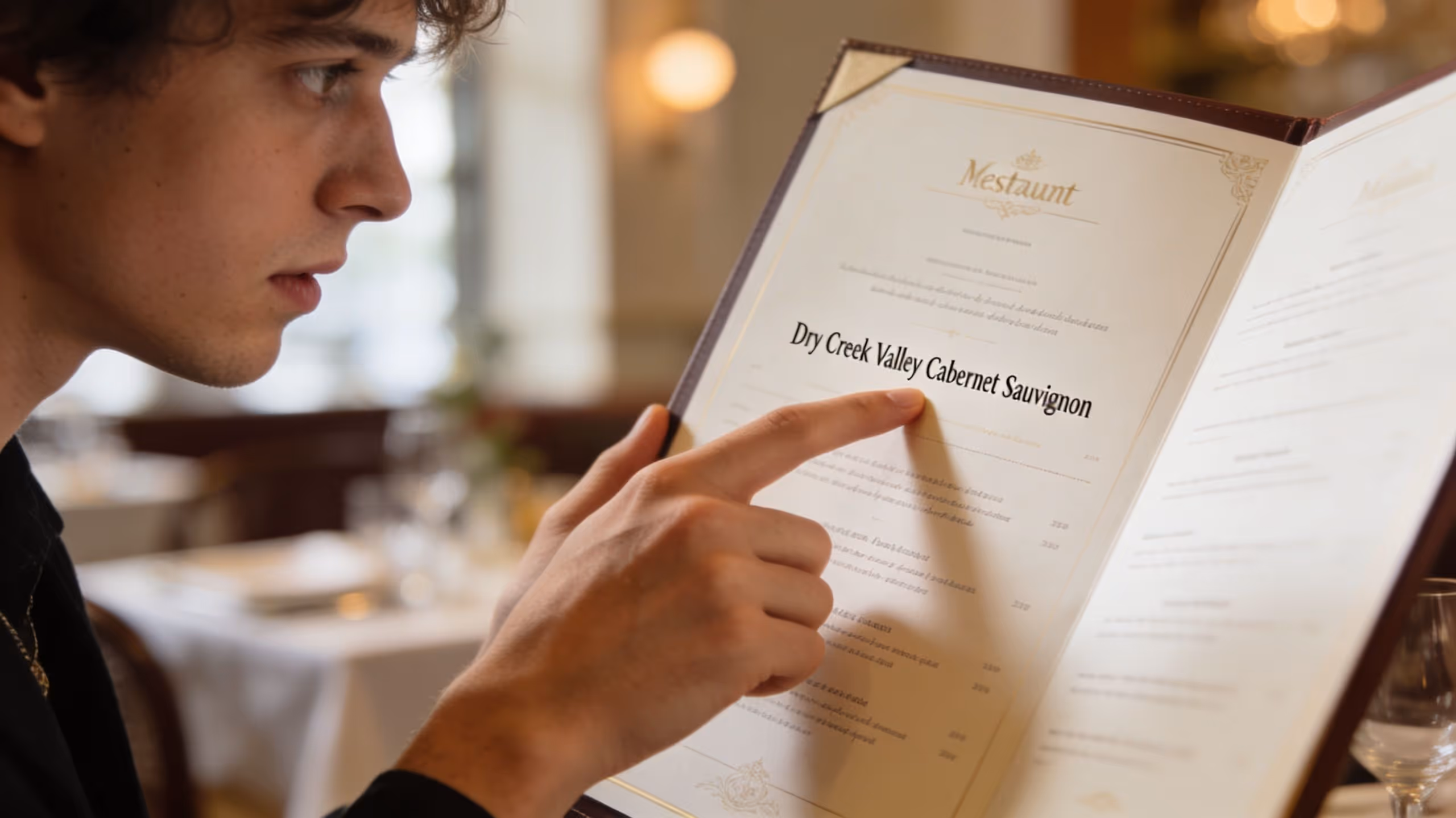 A young man points to the Dry Creek Valley Cabernet Sauvignon listing on a restaurant menu.