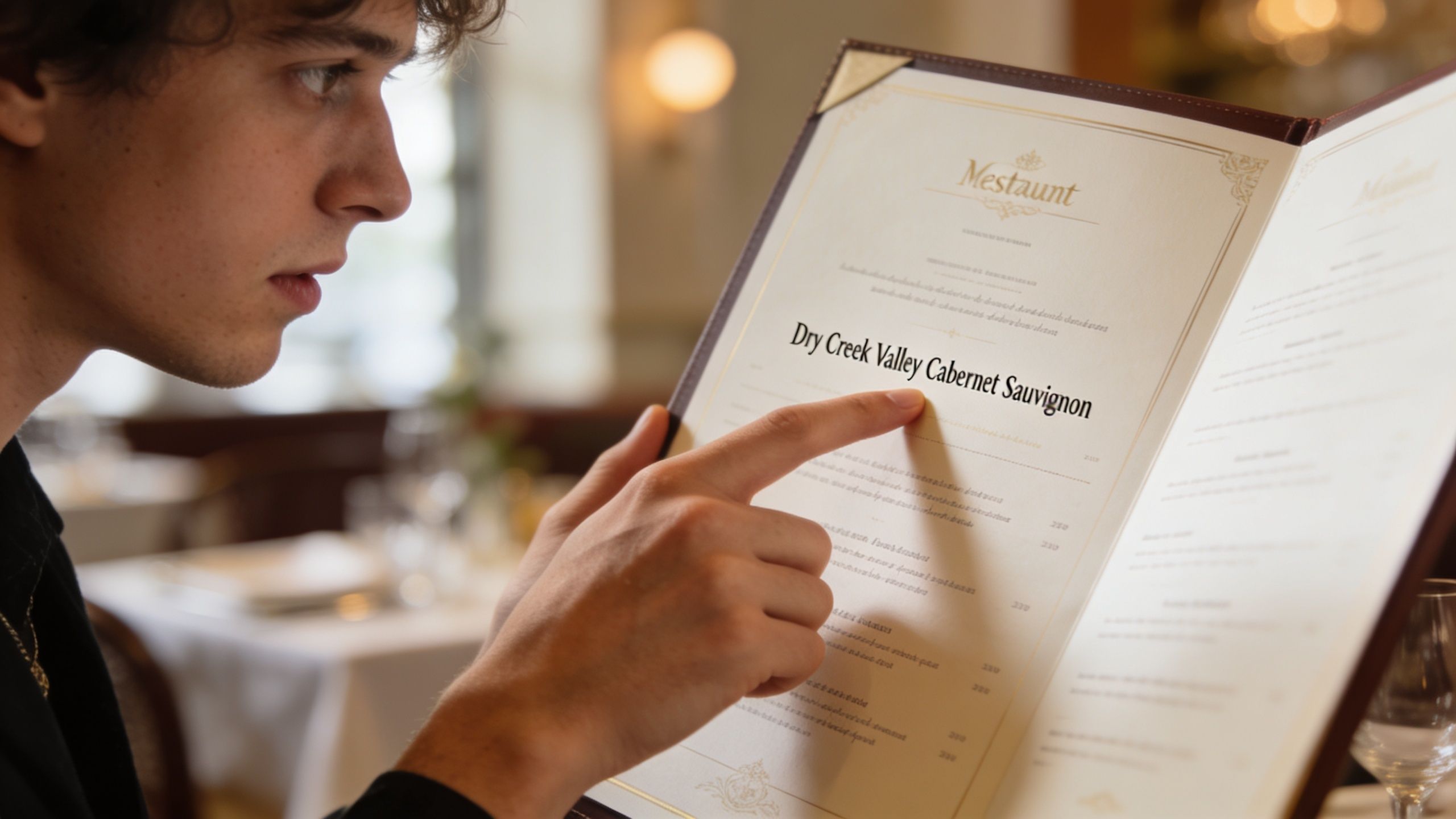 A young man points to the Dry Creek Valley Cabernet Sauvignon listing on a restaurant menu.