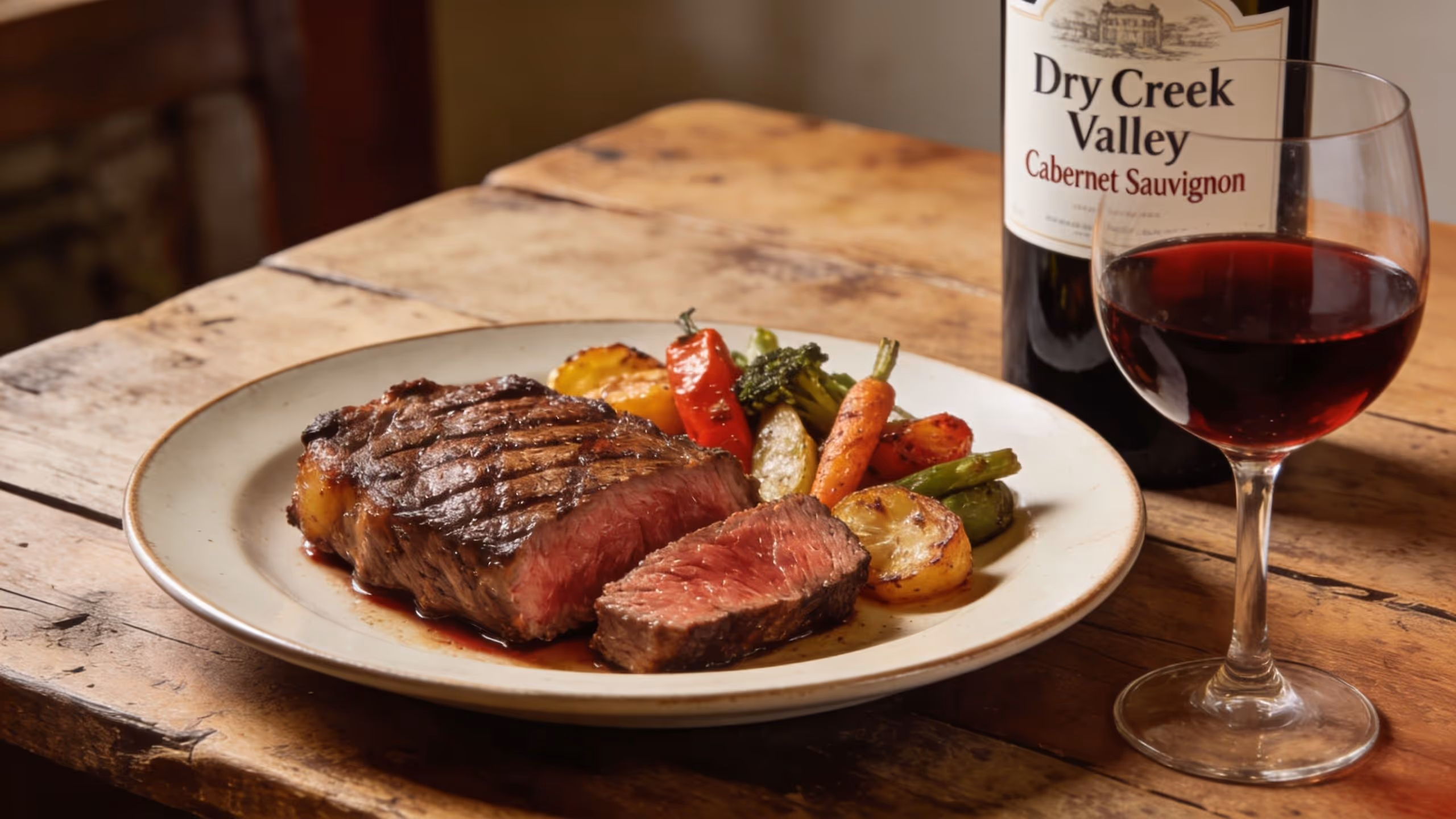 A medium-rare grilled steak served with roasted vegetables alongside a glass of Dry Creek Valley Cabernet Sauvignon.