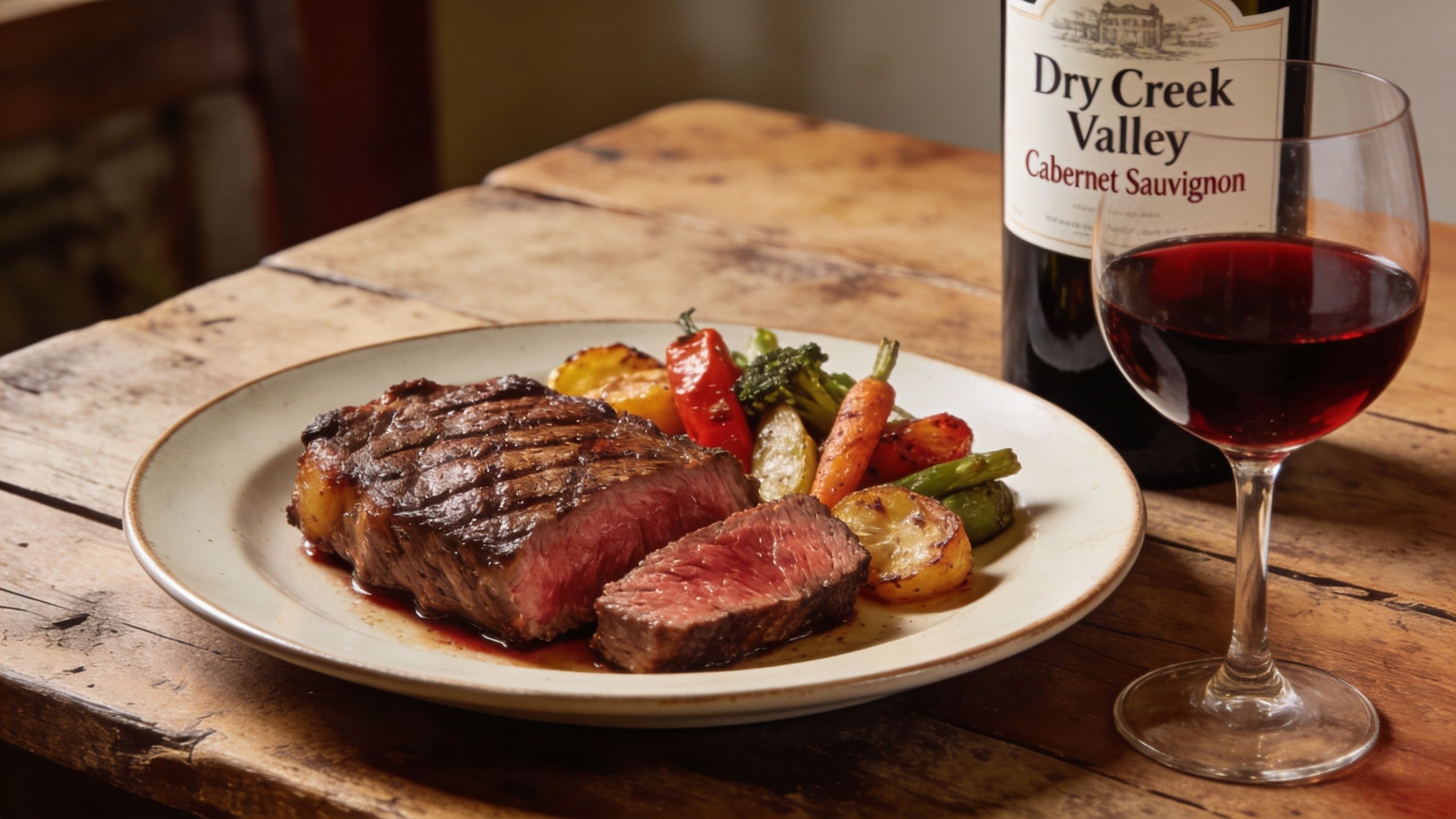 A medium-rare grilled steak served with roasted vegetables alongside a glass of Dry Creek Valley Cabernet Sauvignon.