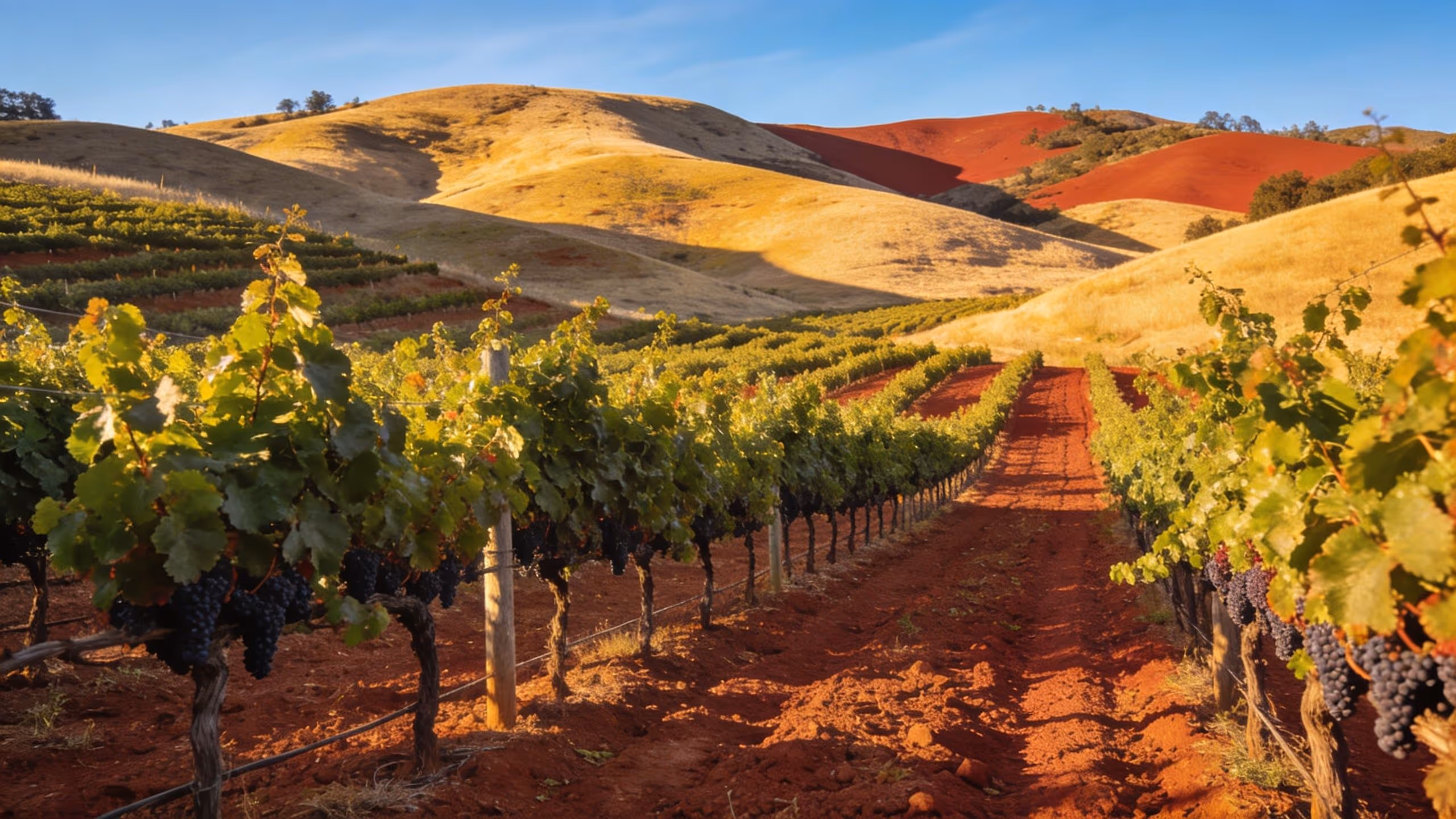 A picturesque view of a vineyard with rows of grapevines set against rolling golden and red hills.
