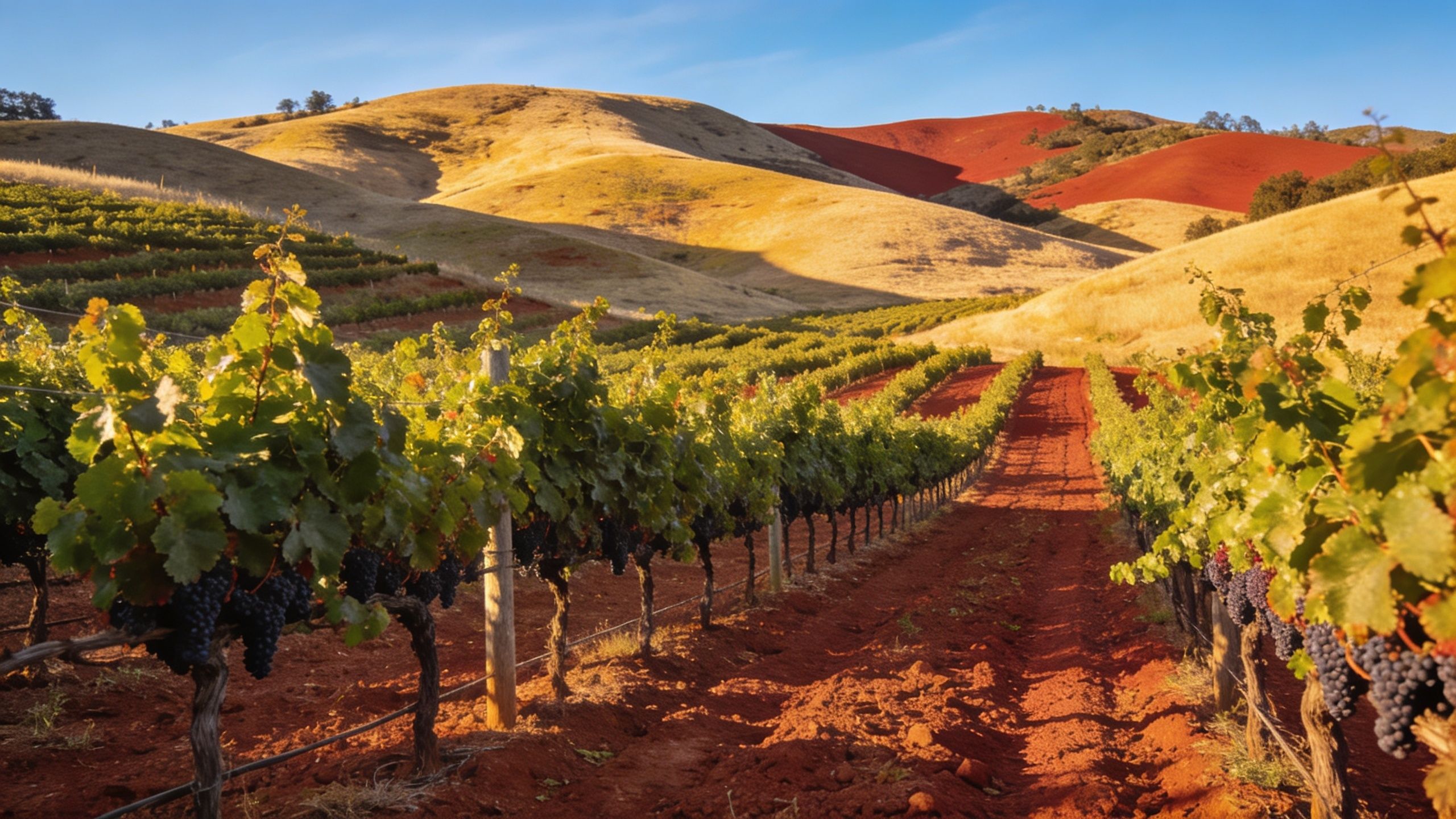 A picturesque view of a vineyard with rows of grapevines set against rolling golden and red hills.