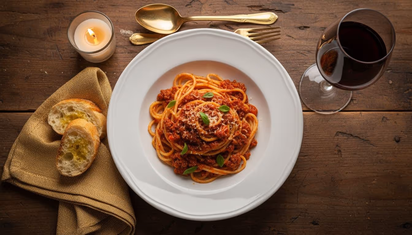 Top-view of pasta plate with tomato-meat sauce and basil beside Sangiovese wine glass on wooden table with gold napkin.
