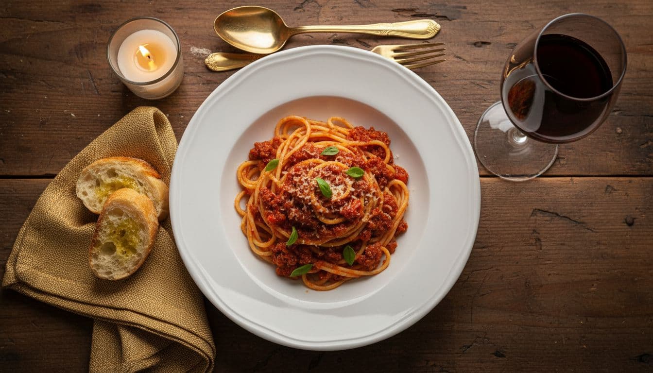 Top-view of pasta plate with tomato-meat sauce and basil beside Sangiovese wine glass on wooden table with gold napkin.