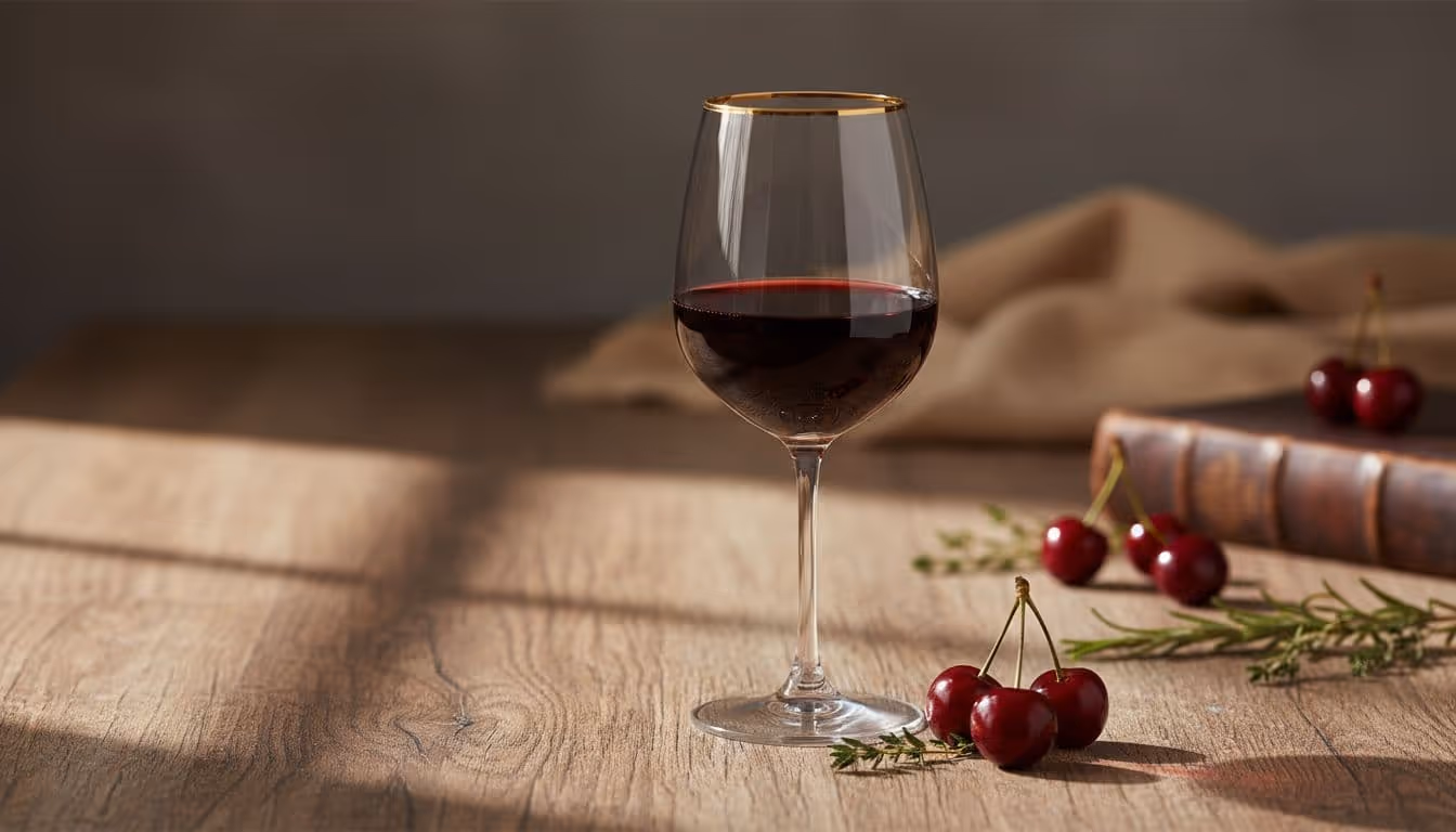 Half-filled glass of ruby-red Sangiovese wine on rustic oak table with scattered cherries and herbs in soft light.
