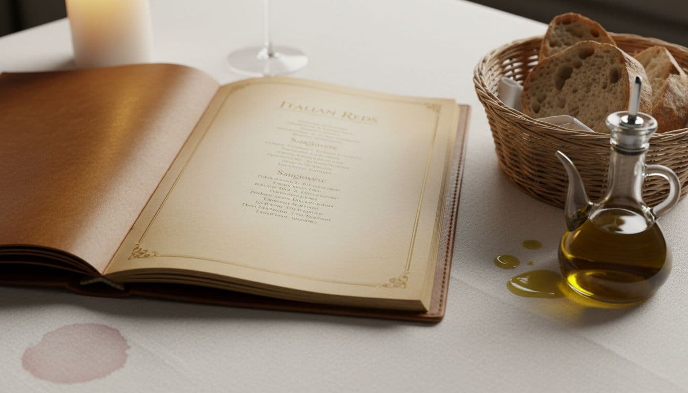 Close-up of open wine menu highlighting blurred Italian reds and Sangiovese beside bread basket and olive oil with candlelight.