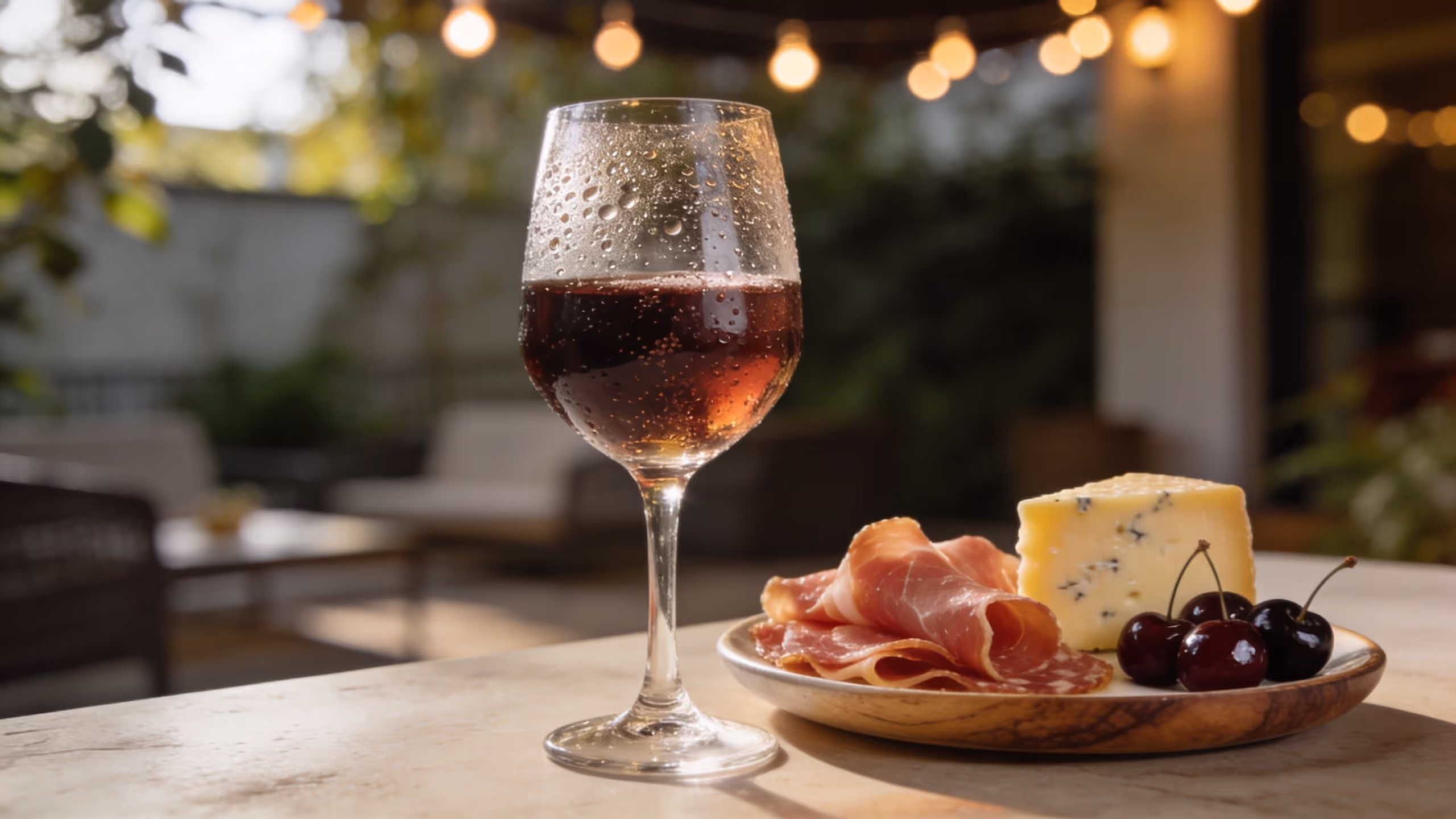 A glass of sparkling red wine alongside a plate with prosciutto, blue cheese, and fresh cherries outdoors.