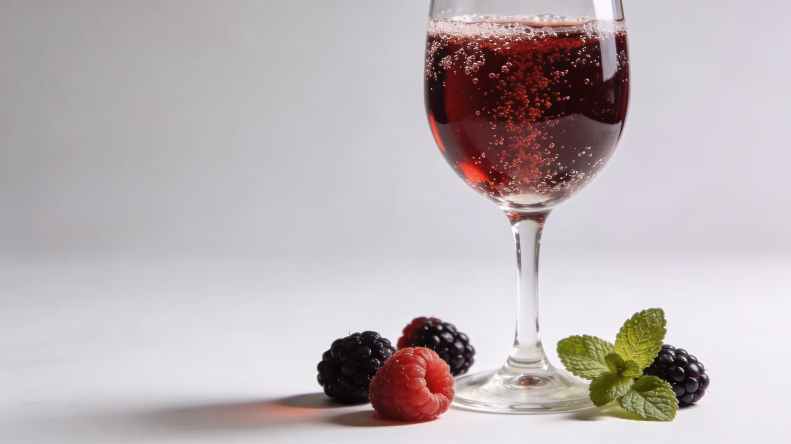 A glass of red sparkling wine surrounded by fresh raspberries, blackberries, and a mint sprig.