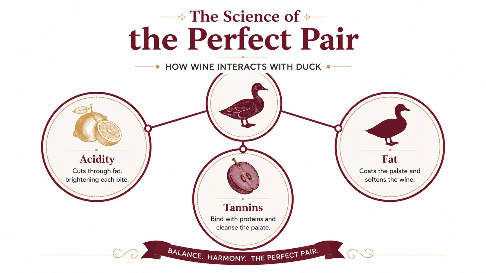 A diagram explaining wine and duck pairings by highlighting the roles of acidity, fat, and tannins.