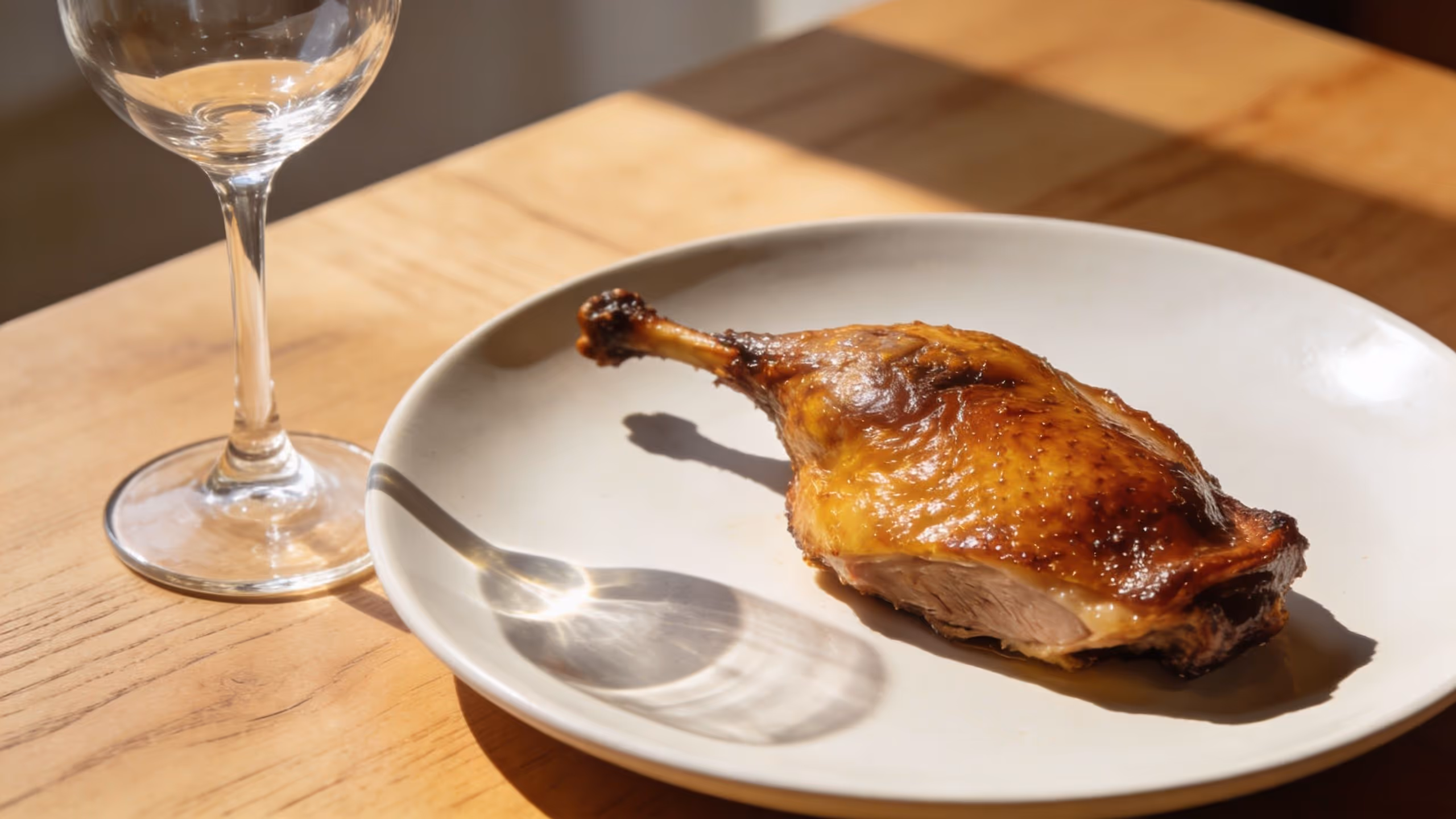 A golden-brown roasted duck leg served on a simple white plate beside an empty wine glass.