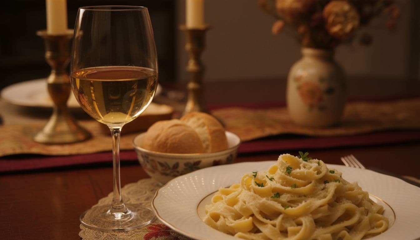 A glass of golden Chardonnay sits beside a plate of creamy fettuccine Alfredo in a warm setting.