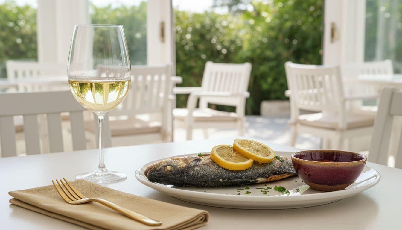 A glass of crisp white wine served alongside a plate of grilled fish with fresh lemon slices.