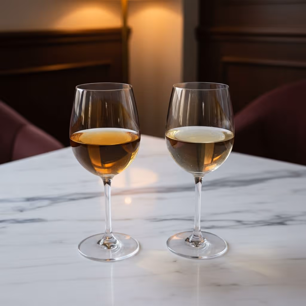 Two wine glasses with golden Chardonnay and light straw Pinot Grigio sit on a marble surface.