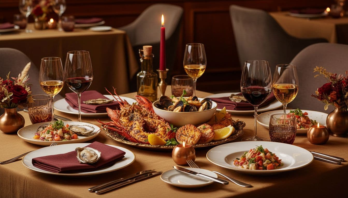 A warm, inviting table is set with fresh seafood and multiple elegant wine glasses.