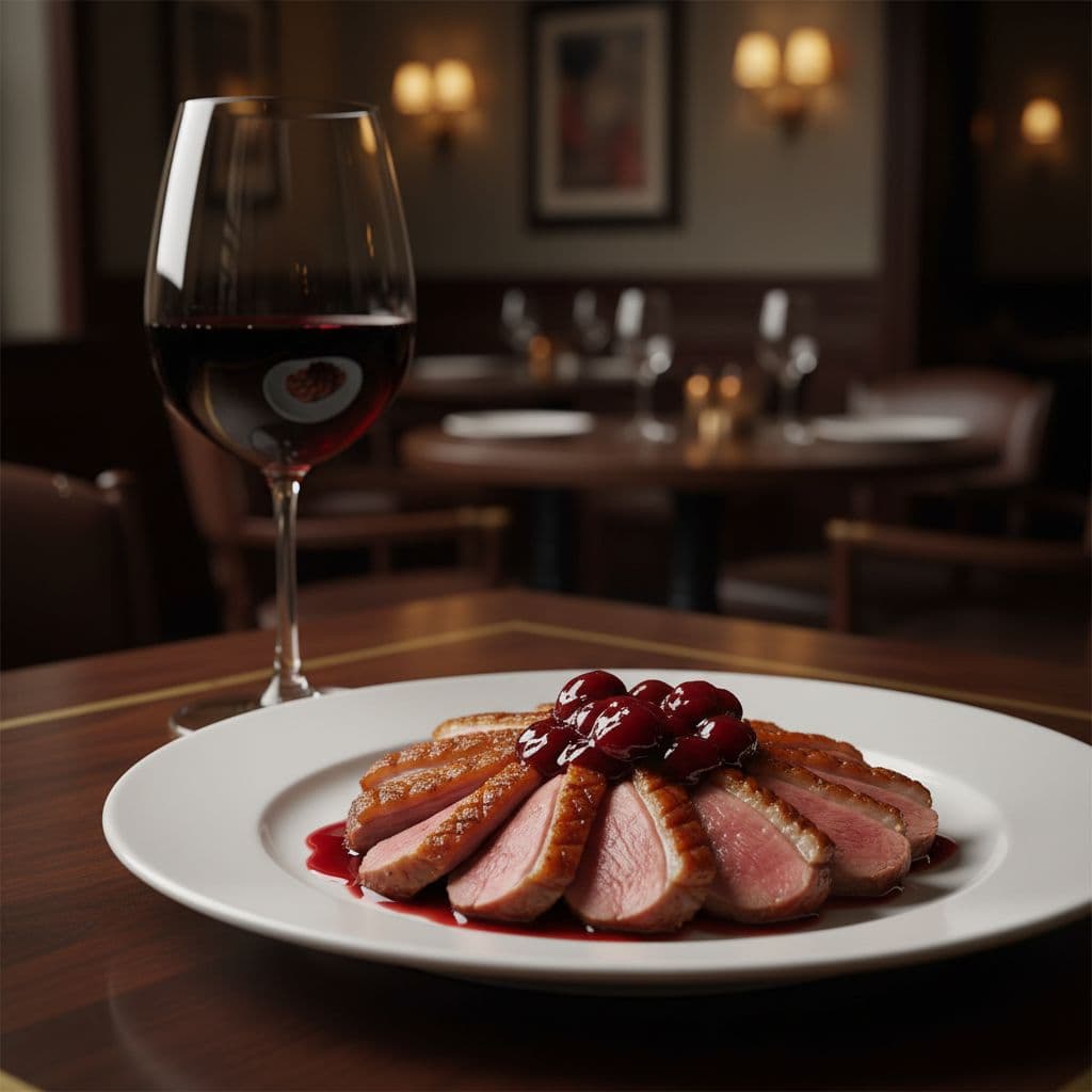 A perfectly seared duck breast sits on a white plate drizzled with glossy cherry sauce. A crystal glass of ruby red wine rests on the dark wooden table nearby in the restaurant.