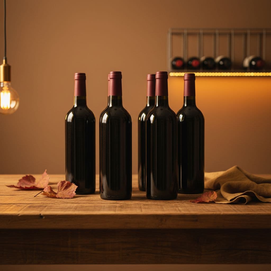 Several glass bottles of red wine rest neatly on a weathered, rustic wooden table. Warm ambient lighting illuminates the dark glass surfaces, creating a sophisticated atmosphere for a cozy home gathering.