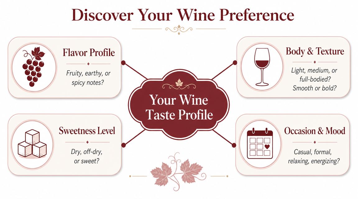 An infographic titled Discover Your Wine Preference helping users identify their taste profile through flavor, body, sweetness, and mood.