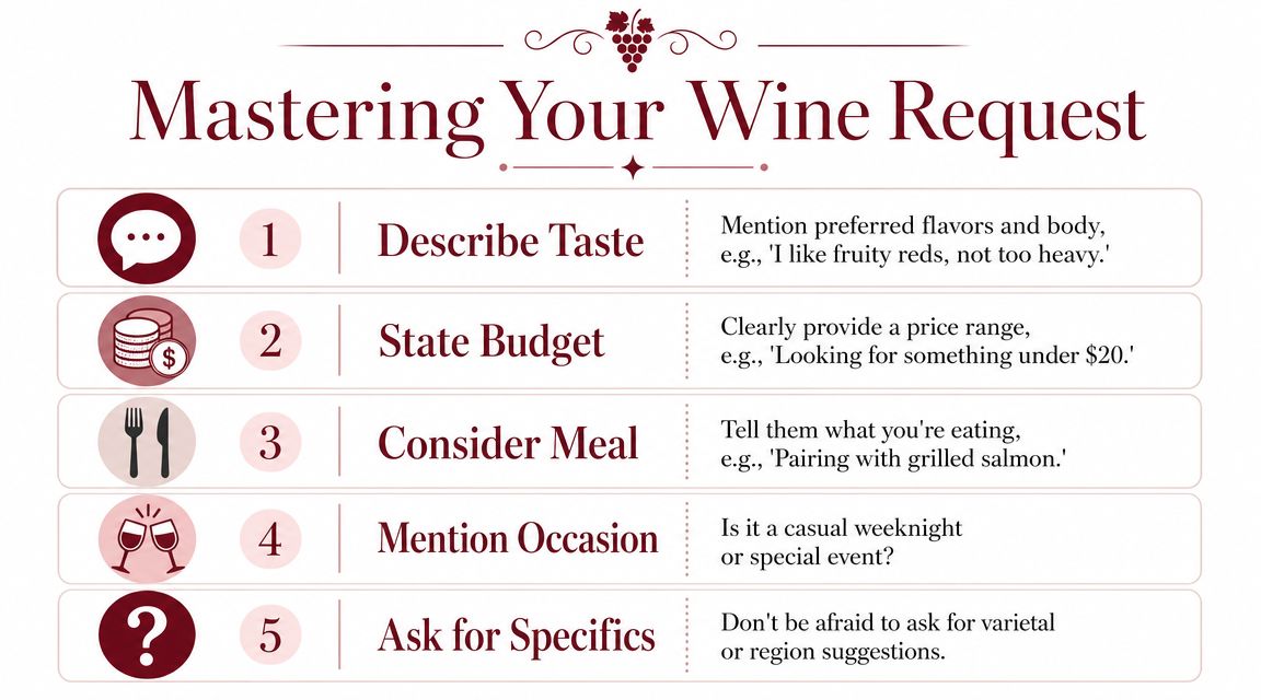 An infographic titled Mastering Your Wine Request, listing five numbered steps for ordering wine effectively.