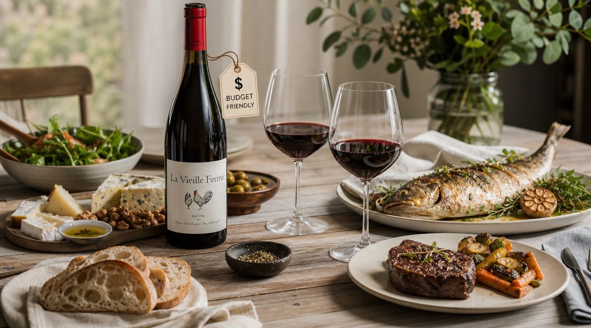 A rustic dinner table featuring a bottle of La Vieille Ferme wine, grilled fish, steak, and sides.