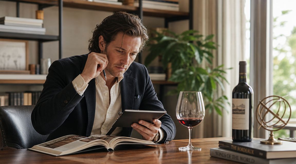 A sophisticated man in a suit reading on a tablet with a glass of wine and book.