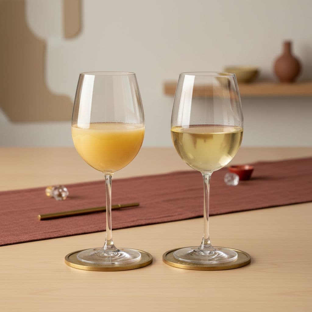 Two elegant wine glasses stand on a polished surface, one filled with golden-hued creamy Chardonnay and the other with a pale, crisp Sauvignon Blanc. Soft ambient lighting highlights the varied liquid tones.