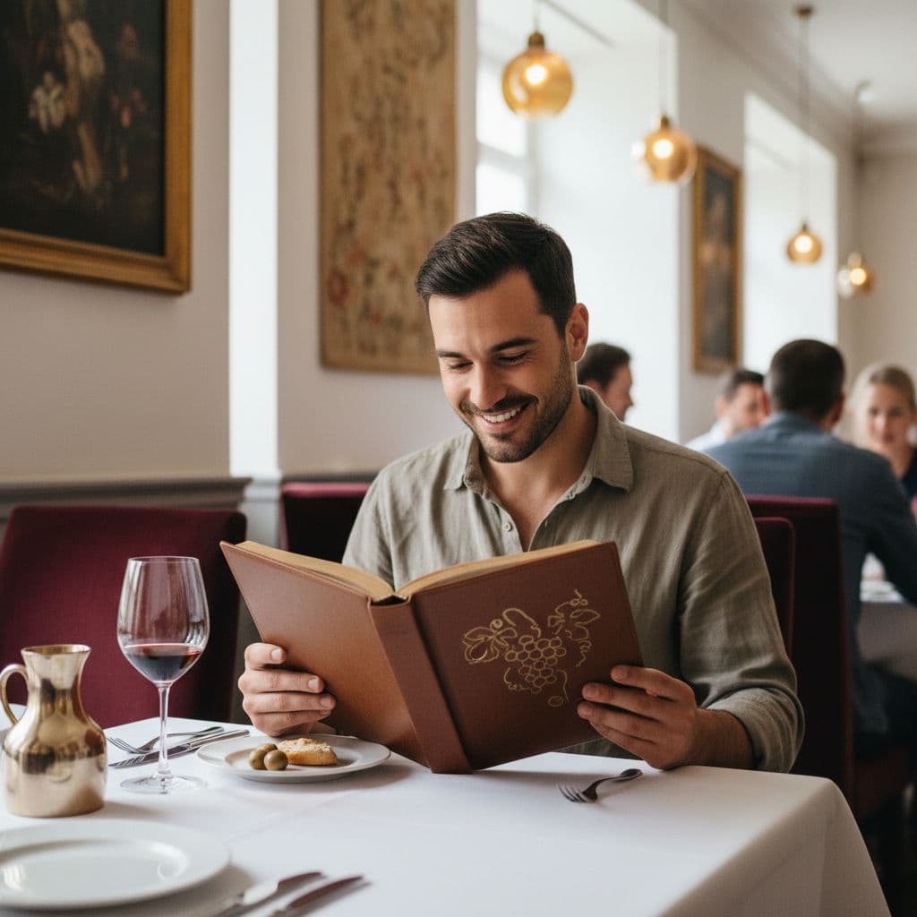 A person sits at a neatly set restaurant table, focusing thoughtfully on a wine list. The warm interior features elegant mahogany accents and golden lighting that creates a relaxed dining atmosphere.