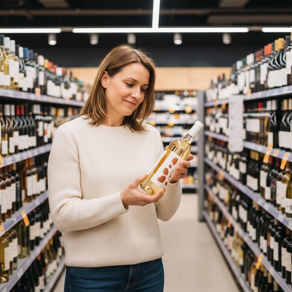 A smiling shopper examines a clear wine bottle while standing in a brightly lit grocery aisle. Shelves filled with various bottled beverages stretch into the soft-focus background behind the individual.