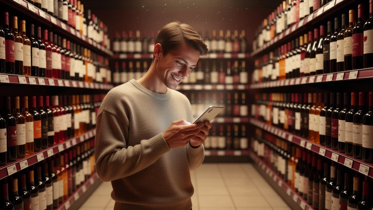 A shopper holds a smartphone while standing before an extensive wine collection in a supermarket aisle. Rows of bottles create a warm, inviting backdrop featuring deep red and gold color tones.