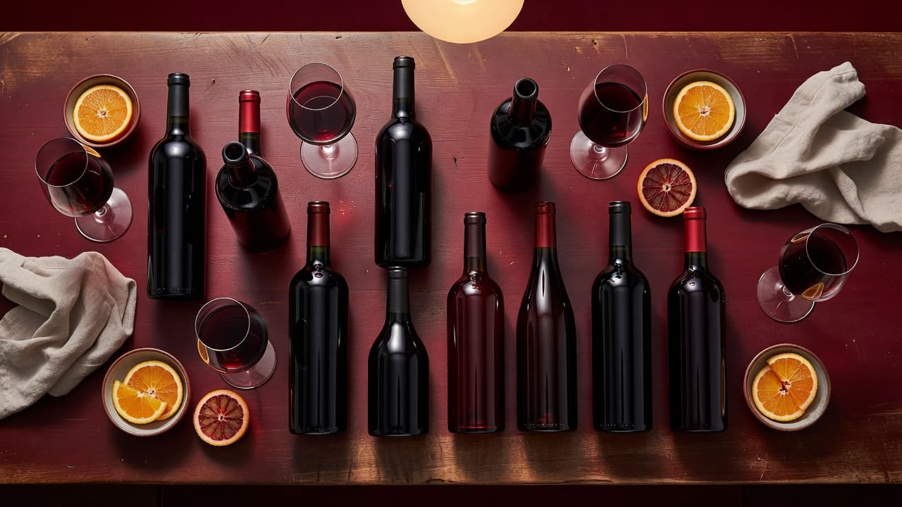 Four unlabeled glass wine bottles of varying shapes stand on a rustic wooden table. The arrangement highlights distinct color variations ranging from deep ruby to dark garnet for tasting comparisons.