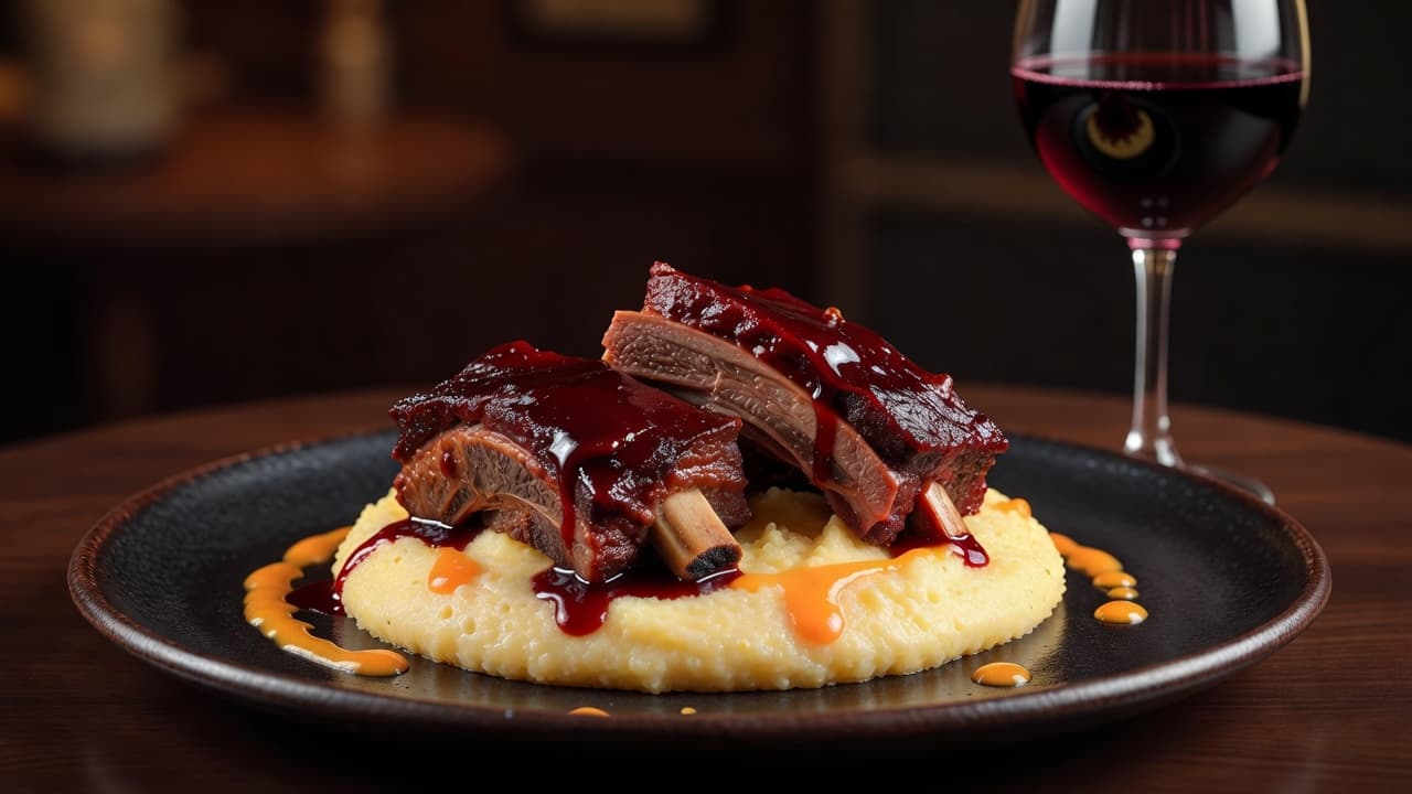 Tender braised short ribs rest atop a mound of creamy polenta, garnished with fresh herbs. A crystal glass of full-bodied red wine sits nearby under warm, inviting restaurant lighting.