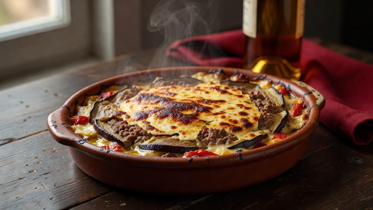 A steaming ceramic dish filled with layers of eggplant and minced meat sits atop a rustic dark wooden surface. A deep red napkin and blurred wine bottle rest in the background.