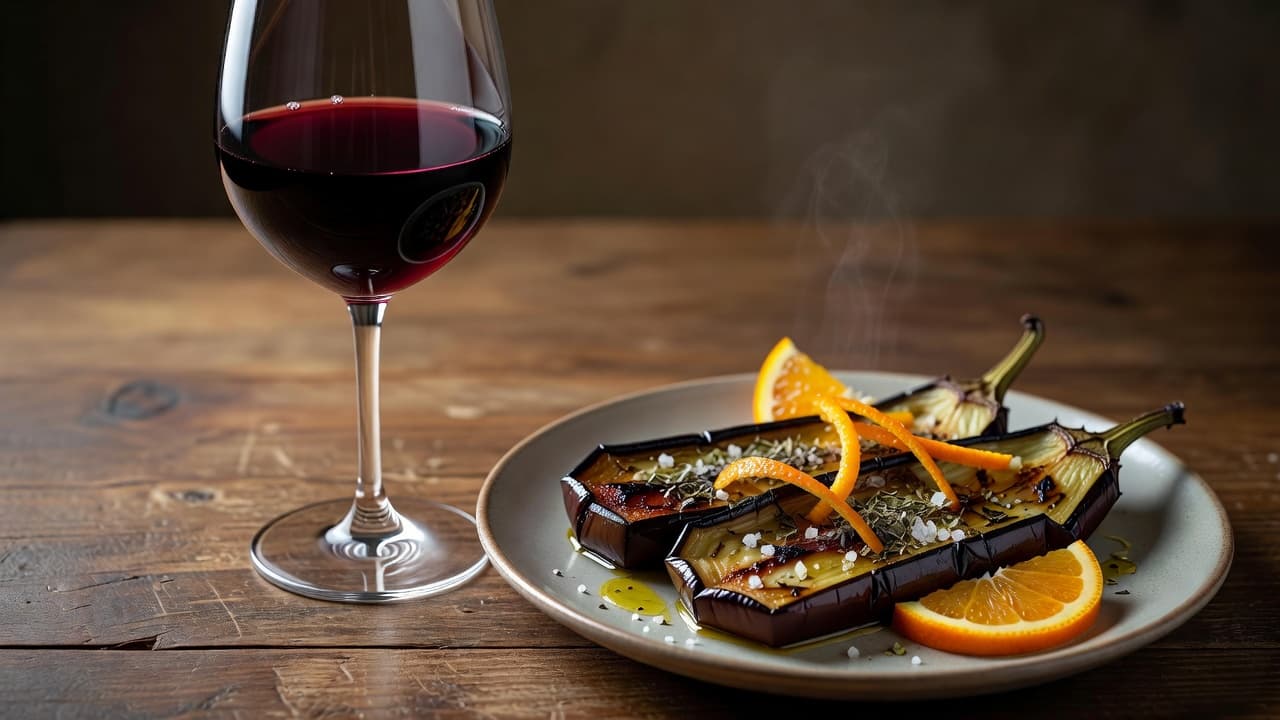 A glass of deep red wine rests beside a ceramic plate featuring savory roasted eggplant. Warm ambient lighting highlights the rich textures of the Mediterranean vegetables and the translucent garnet liquid.