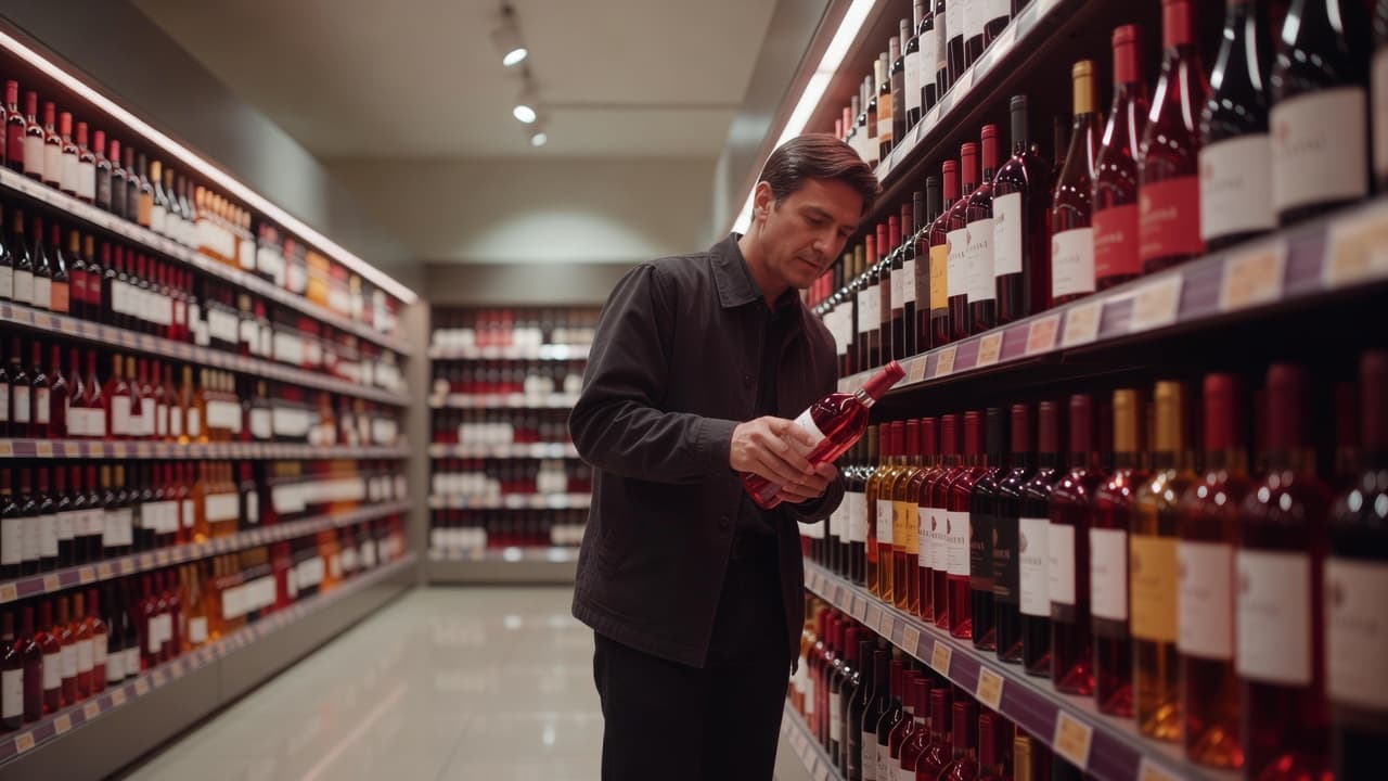 A person stands in a wine aisle browsing selections, holding a bottle to examine it closely. The warm shelving background features elegant burgundy and gold tones in a serene shopping environment.