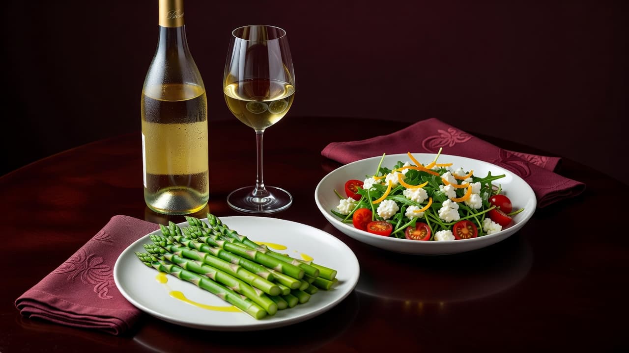 A bottle of crisp Sauvignon Blanc stands beside a fresh asparagus and goat cheese salad. Deep wine red and gold accents highlight the professional arrangement of the elegant dinner table set.