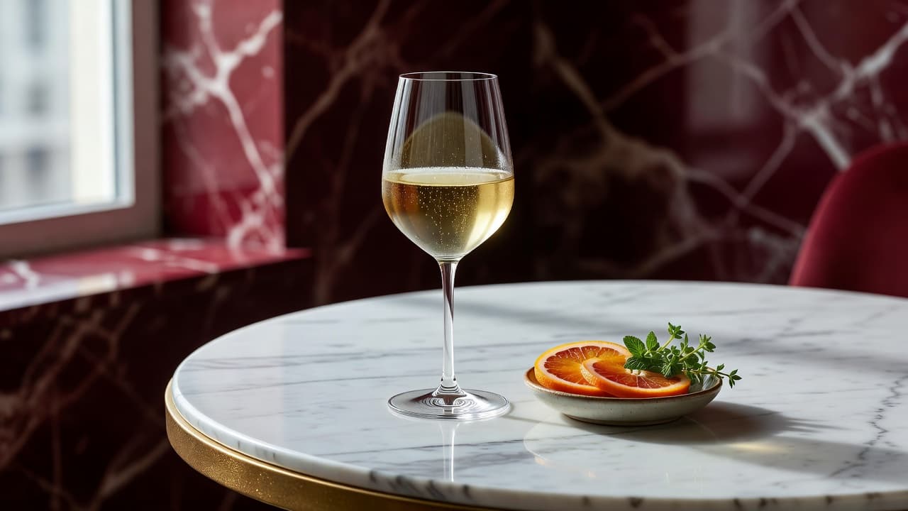 A glass of crisp white wine rests on a polished marble surface beside fresh citrus slices and green herbs. Soft natural light highlights the elegant gold accents and sophisticated wine setting.