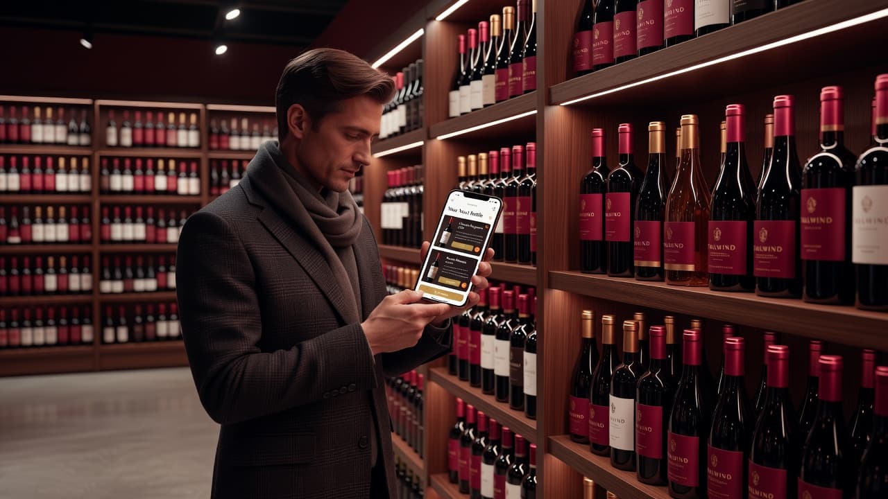 A customer stands in a boutique wine shop holding a smartphone with a modern app interface. Shelves filled with premium bottles are arranged behind them in warm, golden accent lighting.