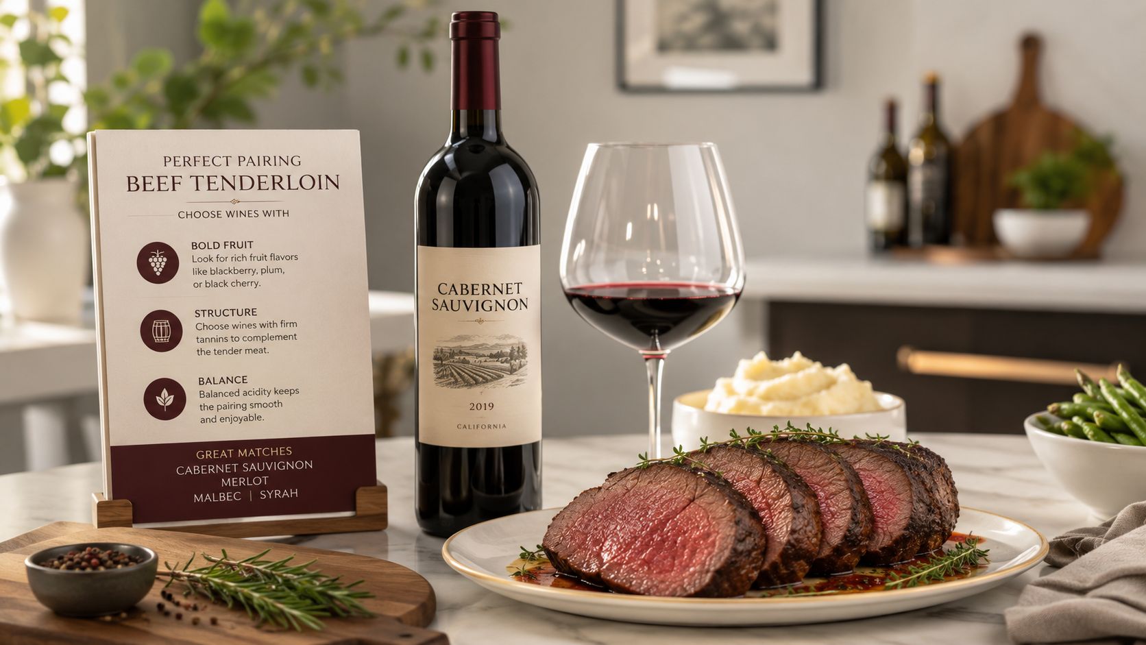 A glass of Cabernet Sauvignon paired with sliced beef tenderloin, mashed potatoes, and a wine information card.