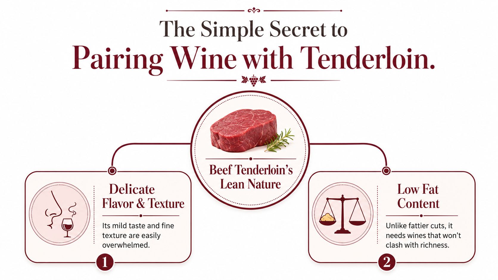 An infographic explaining the principles of pairing wine with lean beef tenderloin based on flavor and texture.