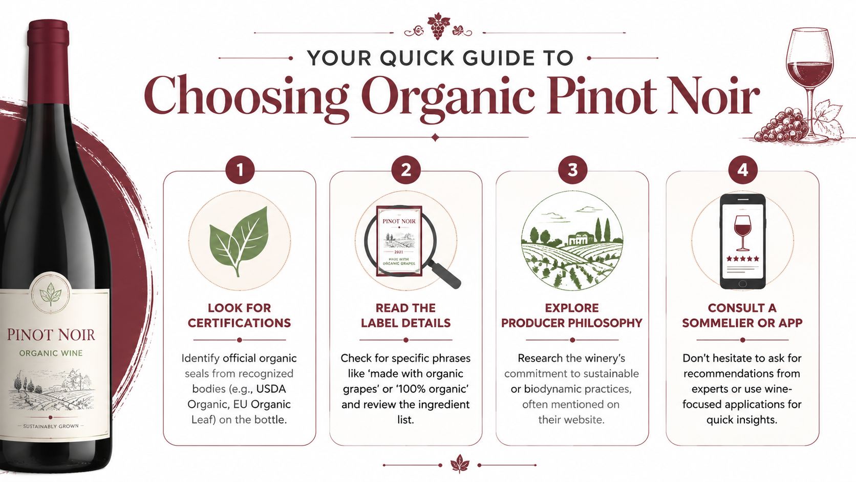 A guide infographic explaining four simple steps to select and identify high-quality organic Pinot Noir wine.