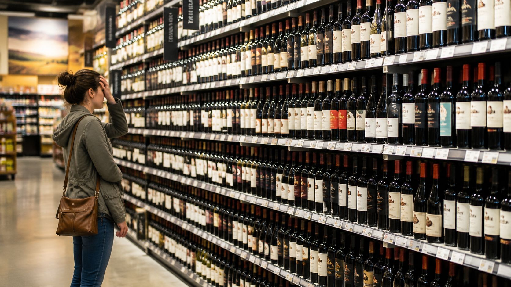 A woman shopping for wine, looking at a large shelf filled with various bottles in a grocery store.