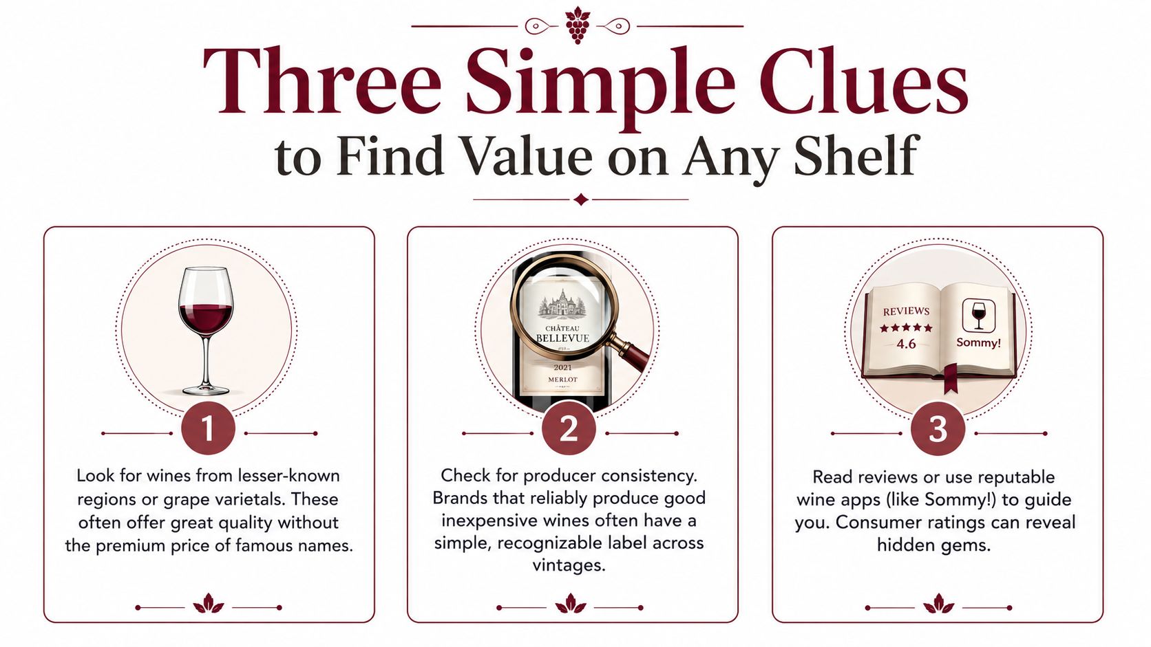 An infographic titled Three Simple Clues to Find Value on Any Shelf providing tips for choosing wine.