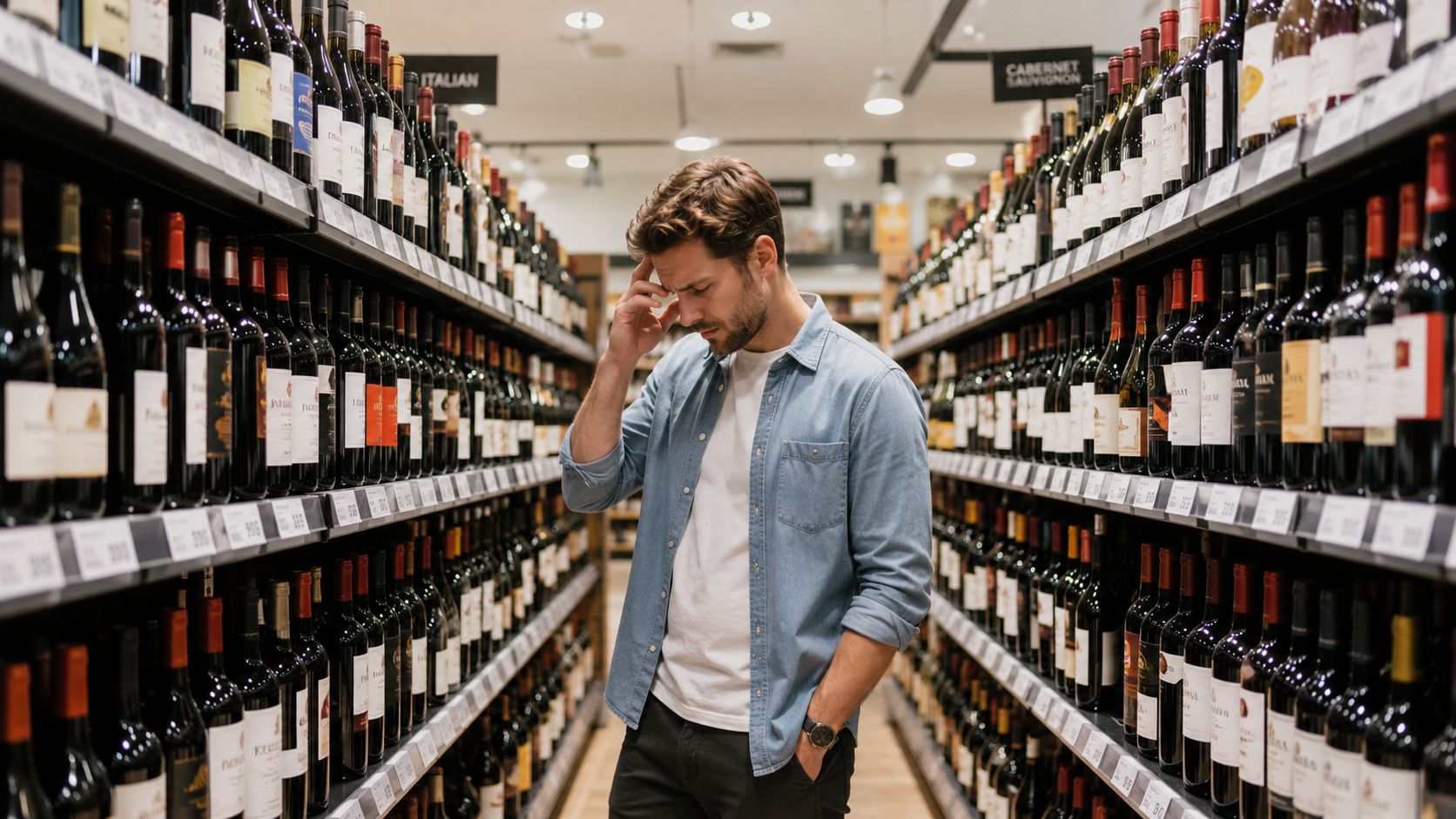 A confused man in a denim shirt standing in a wine aisle, deciding between many bottles.