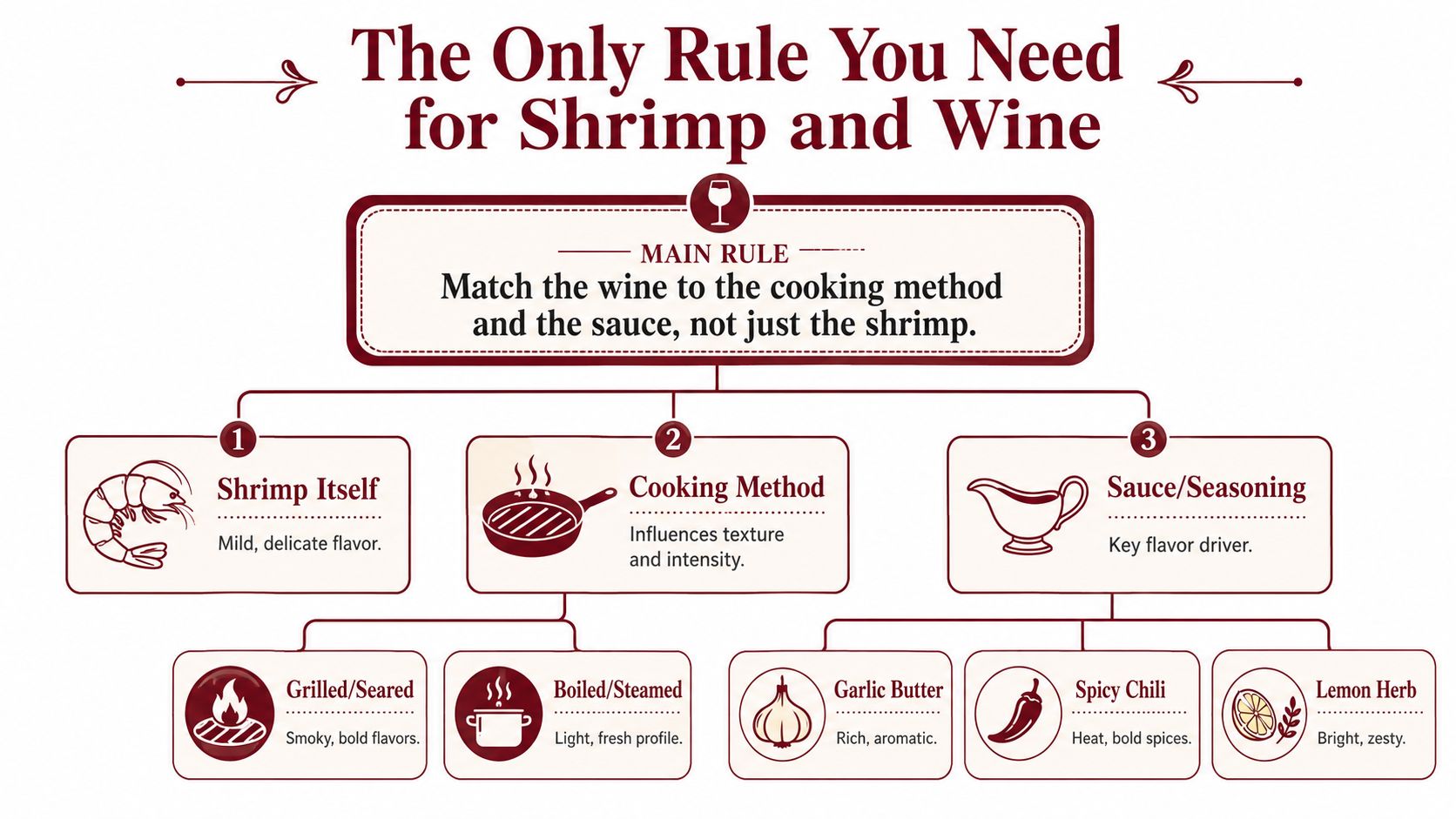 An infographic displaying the main rule for pairing wine with shrimp based on cooking methods and sauces.