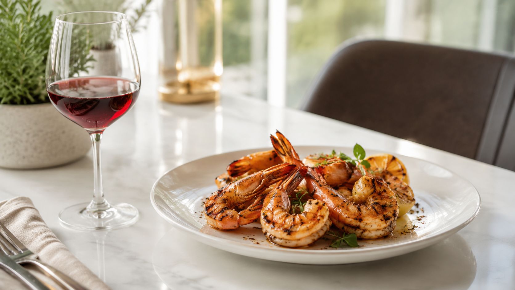 A plate of grilled shrimp served with a glass of red wine on a marble table.
