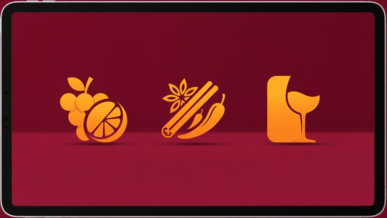 A minimalist digital tablet screen displays a circular interface featuring various flavor icons like fruit and spice. The deep maroon and gold color scheme emphasizes personal wine tasting preferences elegantly.