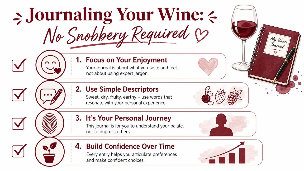 An infographic titled Journaling Your Wine explaining four simple tips for starting a personal wine journal.