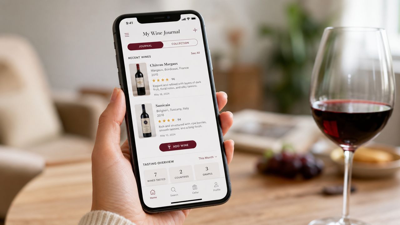 A hand holding a smartphone displaying a wine journal app with wine reviews and statistics.