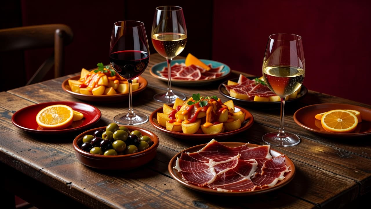 A table set with assorted tapas plates and glasses of wine in a warm, inviting dining atmosphere.
