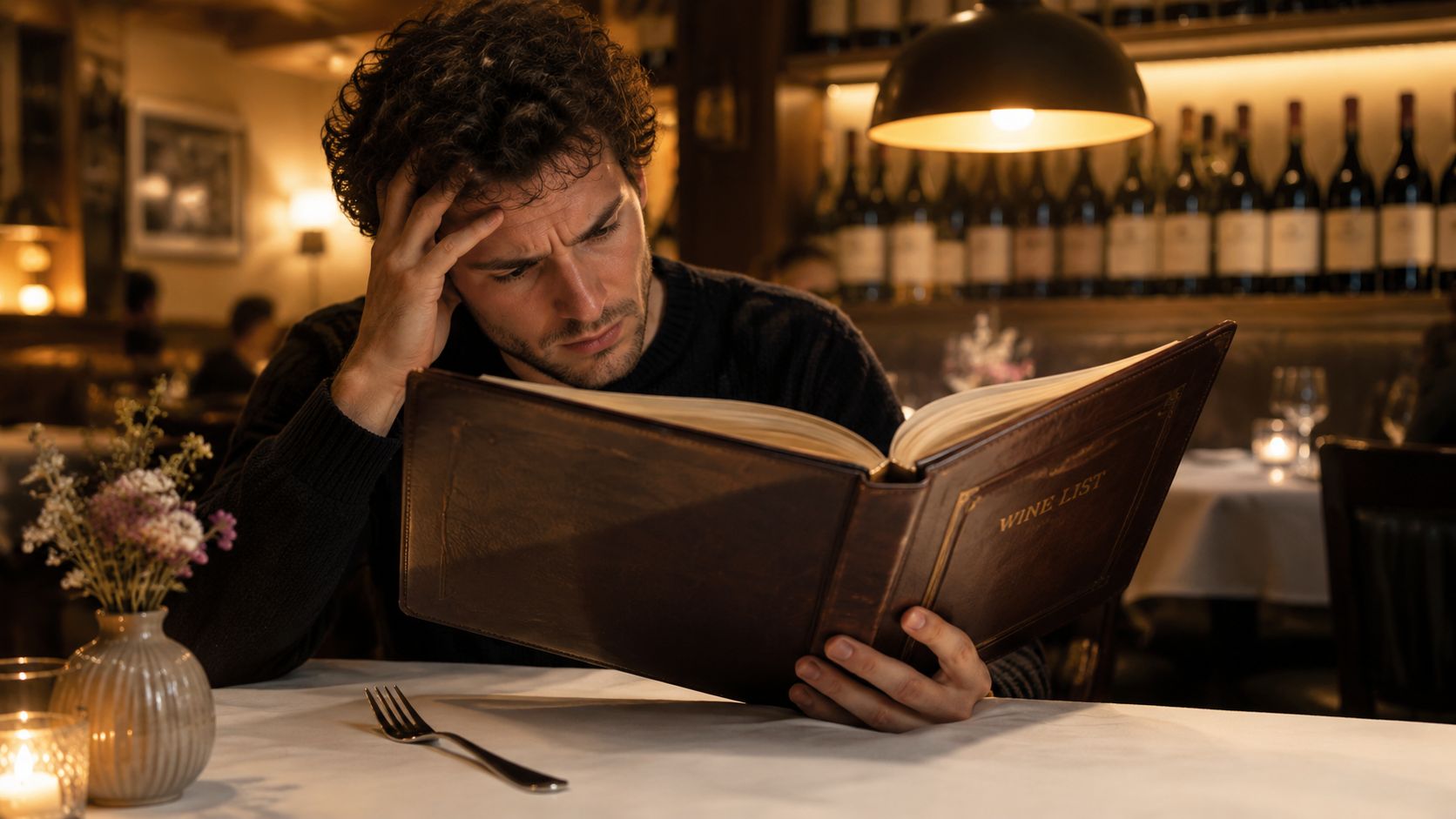 A man with a concerned expression studies a leather-bound wine list at a dimly lit restaurant table.